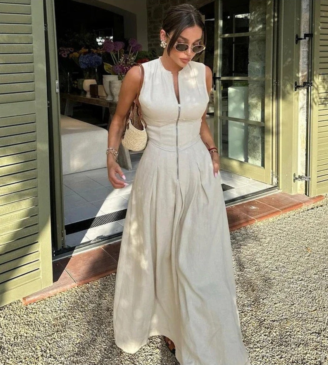Vestido Longo Alfaiataria Premium Gola Alta com Zíper Frontal