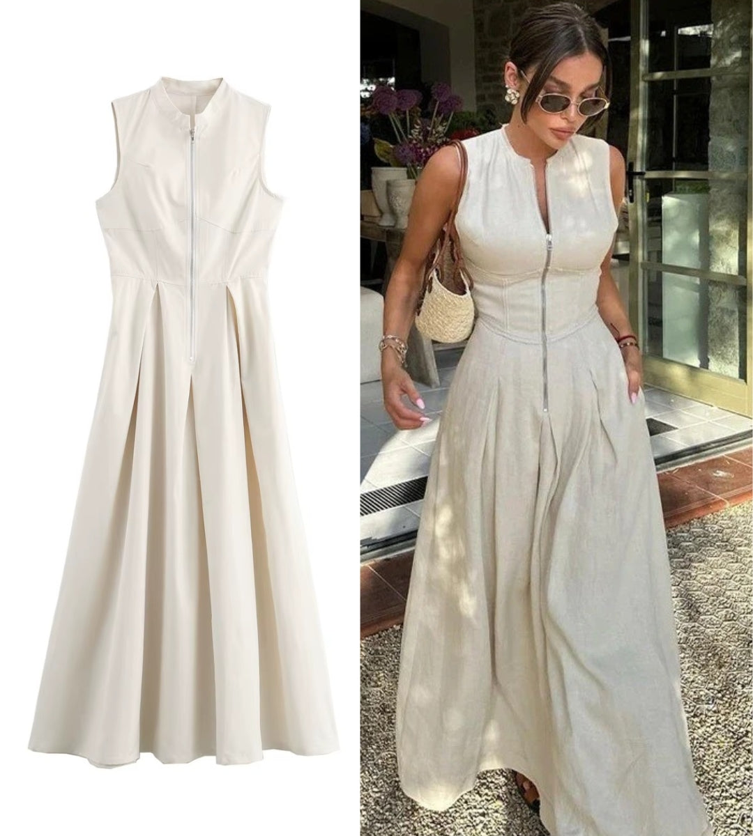 Vestido Longo Alfaiataria Premium Gola Alta com Zíper Frontal