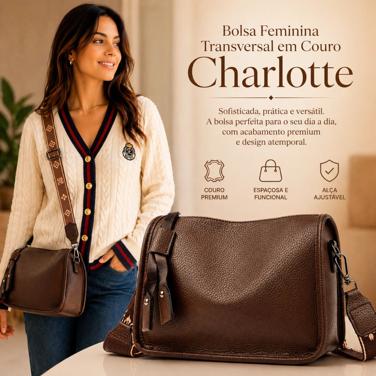 Bolsa feminina de couro marrom transversal com design sofisticado e versátil para o dia a dia.