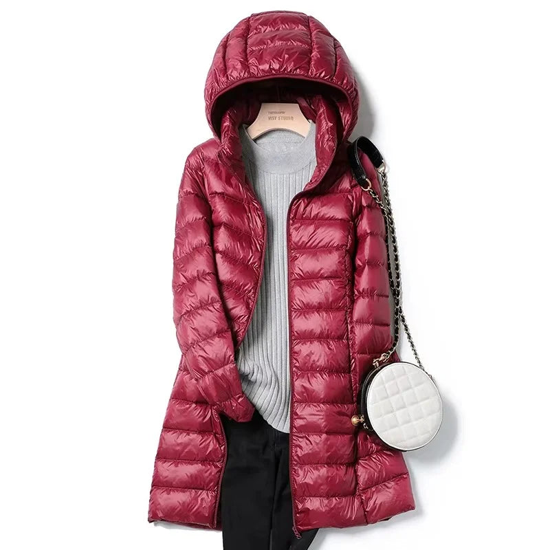 Casaco feminino puffer longo bordo com capuz para inverno