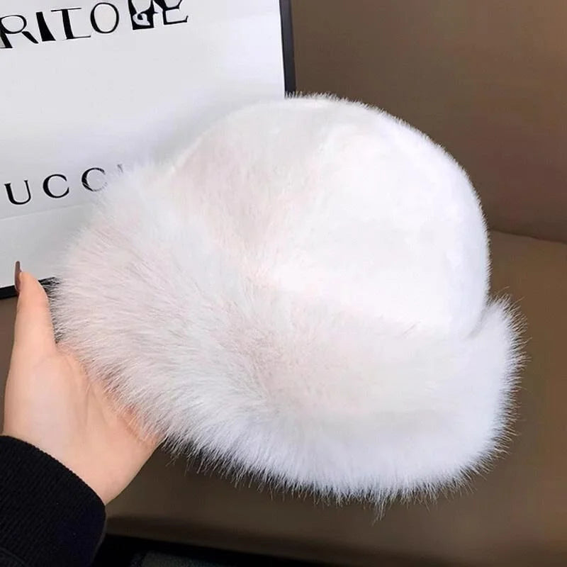 Chapéu feminino peluciado branco estilo bucket hat para inverno