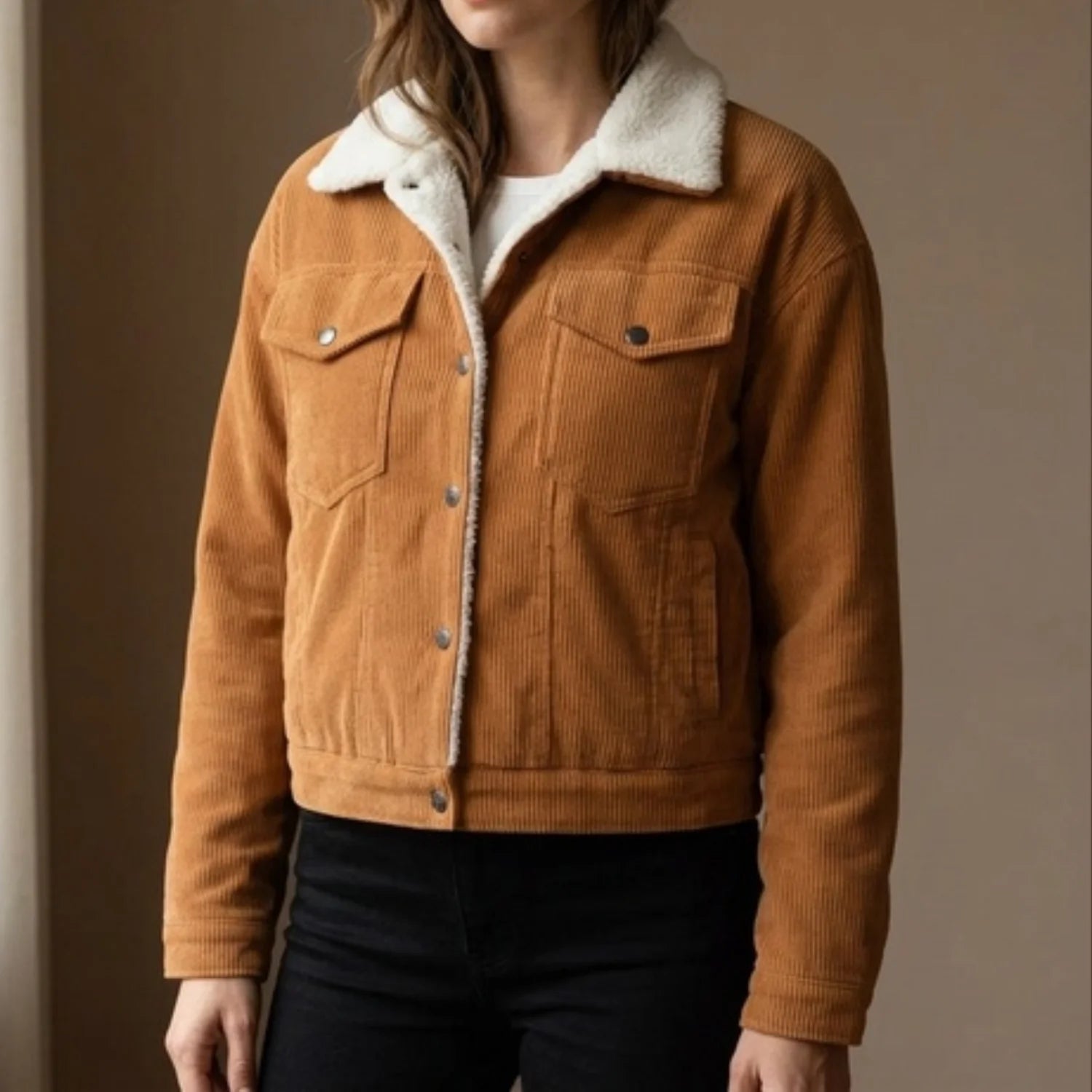 Jaqueta Trucker Feminina de Veludo Cotelê com Forro Sherpa Caramelo - Estilo Clássico para o Inverno