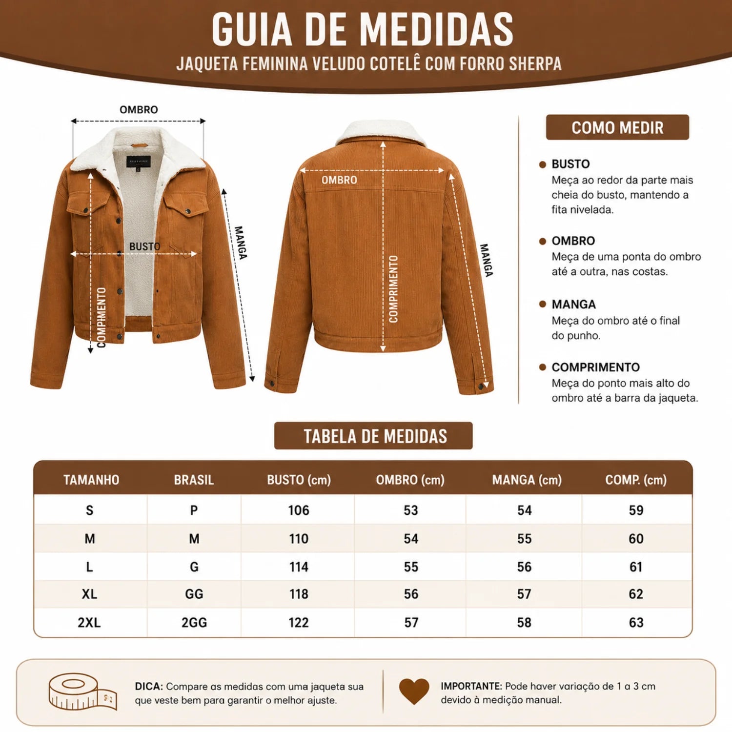 Jaqueta Trucker Feminina de Veludo Cotelê com Forro Sherpa Caramelo - Estilo Clássico para o Inverno