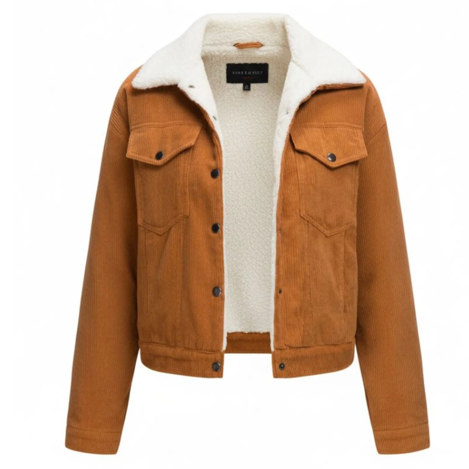 Jaqueta Trucker Feminina de Veludo Cotelê com Forro Sherpa Caramelo - Estilo Clássico para o Inverno