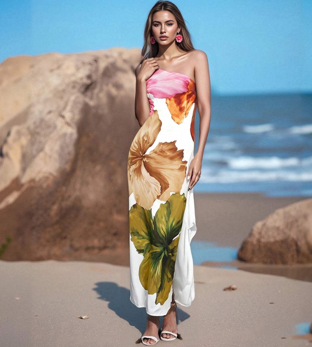 Vestido feminino elegante com estampa floral exclusiva e silhueta fluida