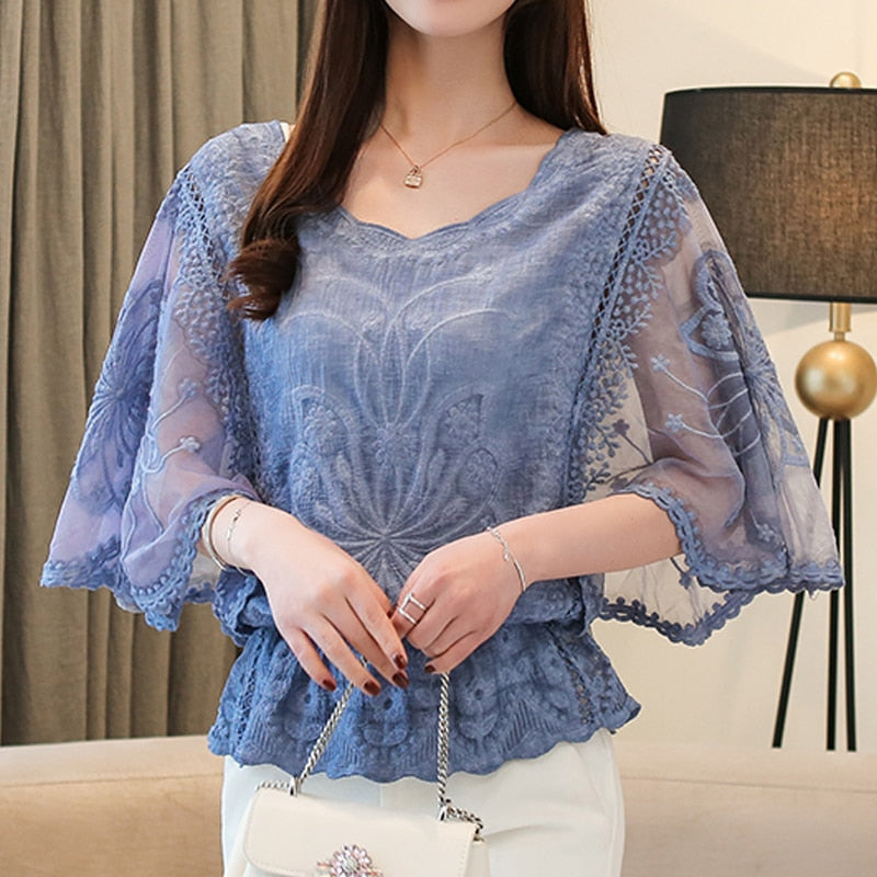 blusa feminina renda azul elegante