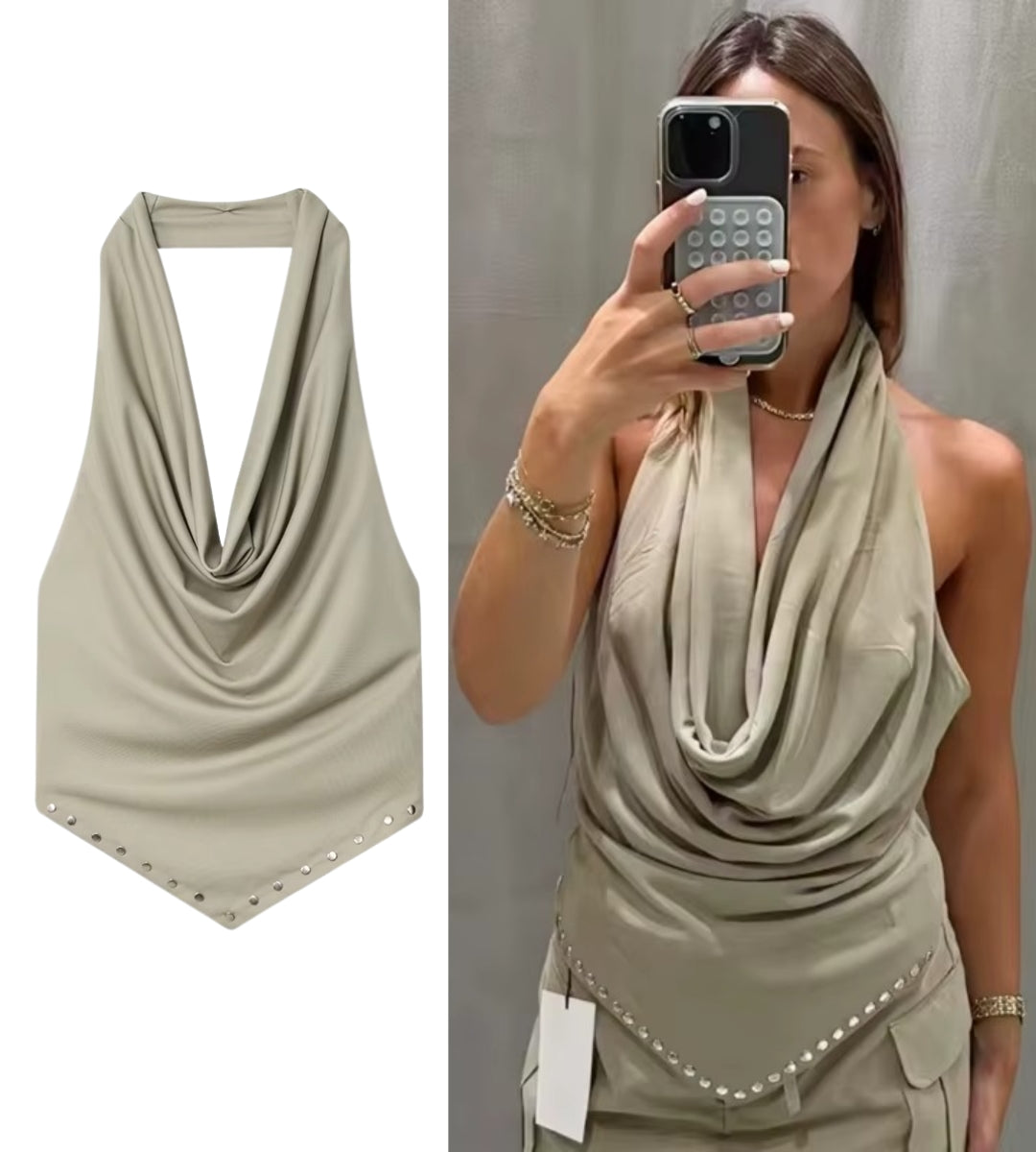 modelo usando Blusa Feminina Top halter Frente Única Gola Alta Drapeada Tecido em Cetim Com Elastano Festas Elegante e Sofisticada
em shopping