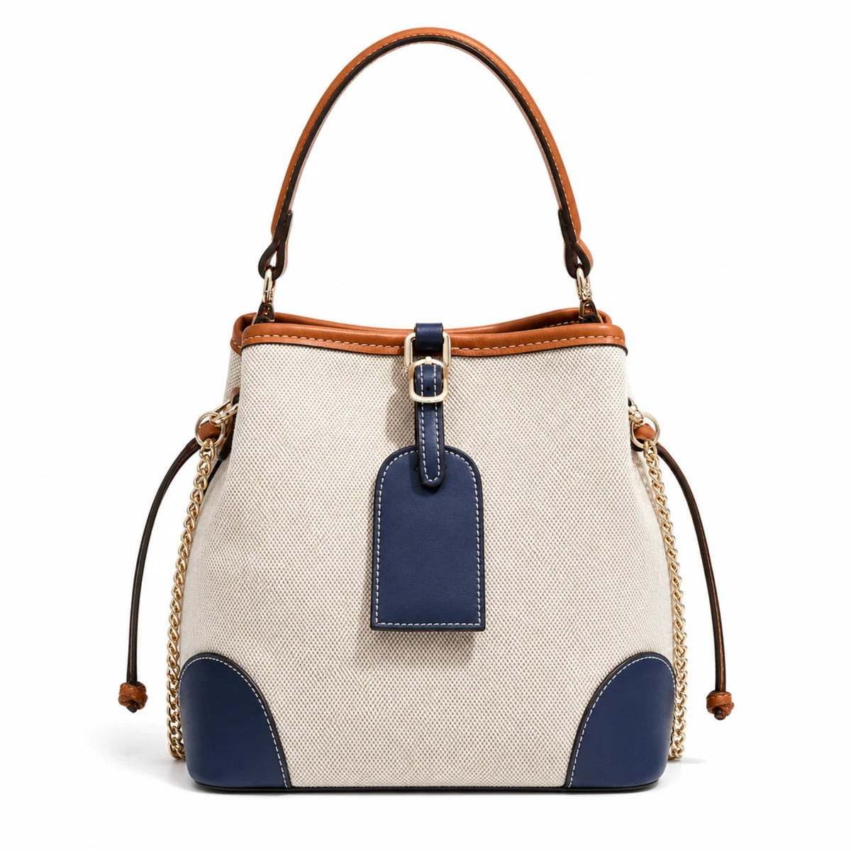 Bolsa feminina tote em canvas com detalhes azuis e alça de ombro em vista frontal