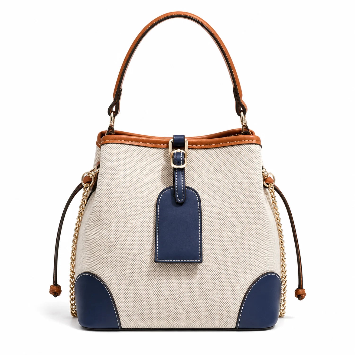 Bolsa feminina tote em canvas com detalhes azuis e alça de ombro em vista frontal