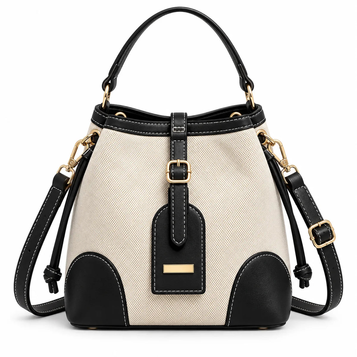 Bolsa Tote feminina em canvas preto com detalhes contrastantes