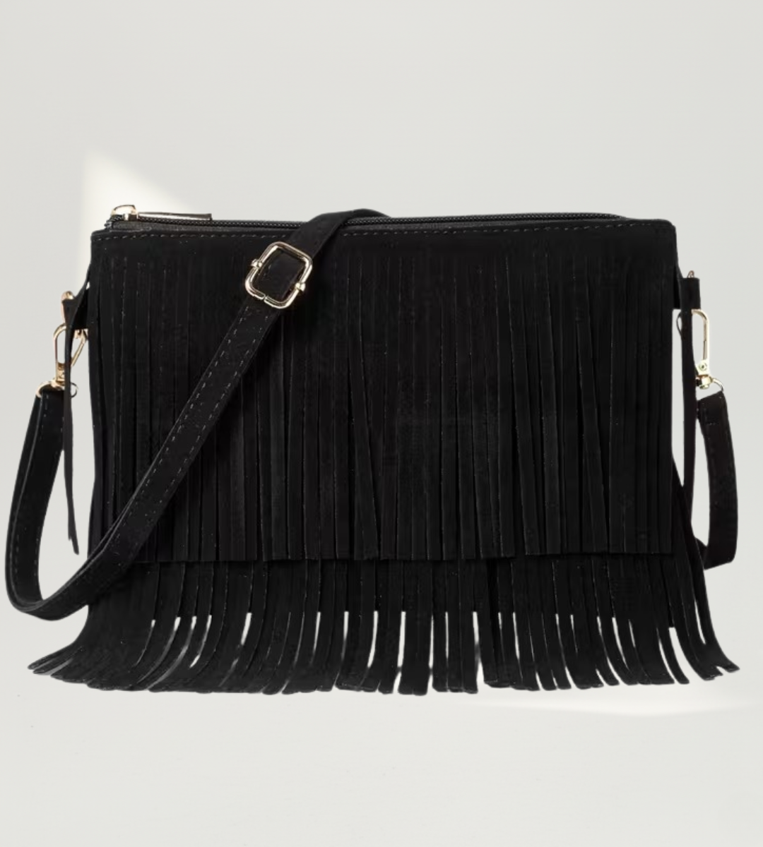 Vista frontal da Bolsa de Franjas Sevilha Preta em suede com alça transversal.
