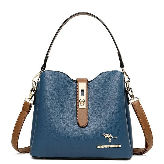 bolsa azul feminina com alça ajustavel e divisorias internas