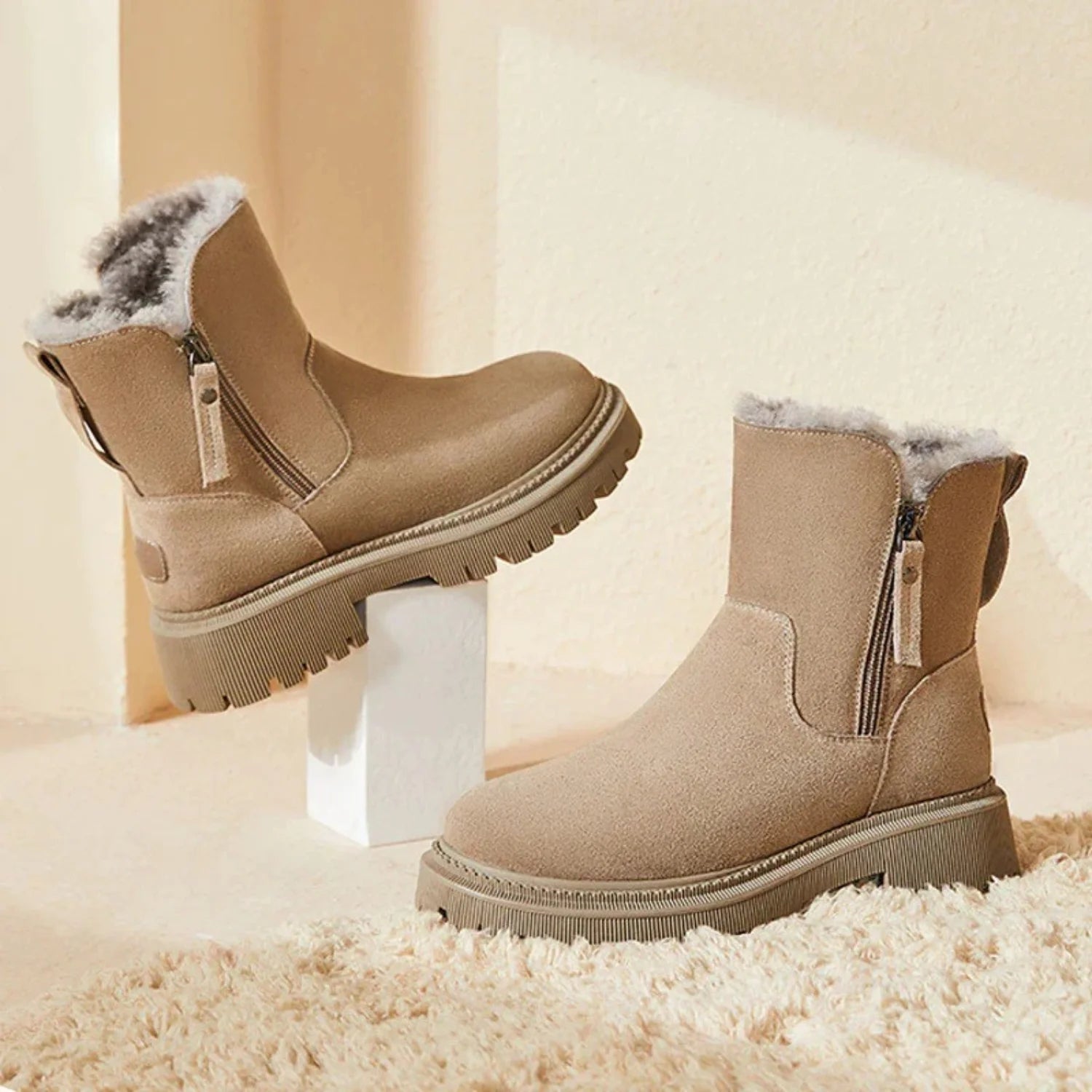 Par de botas femininas cinza vistas de frente