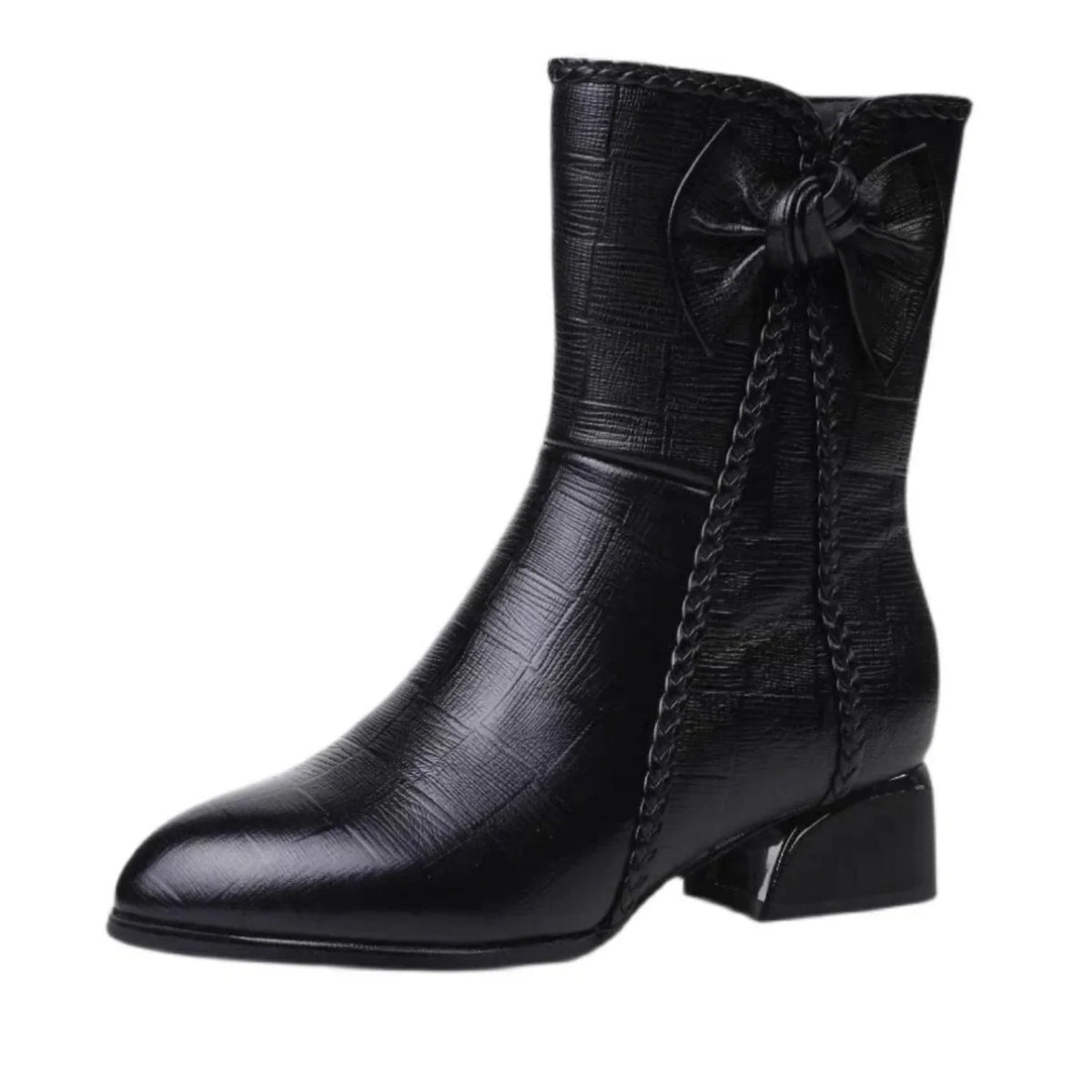 Bota feminina de cano médio em couro preta com laço e tranças