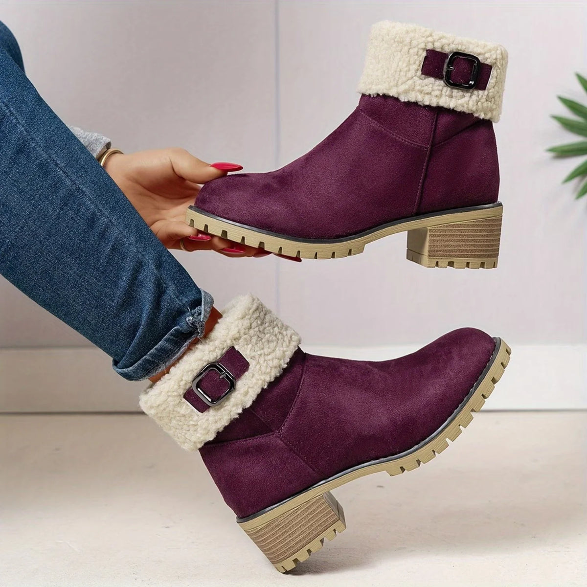 Par de botas femininas vinho com fivela e gola de pelúcia