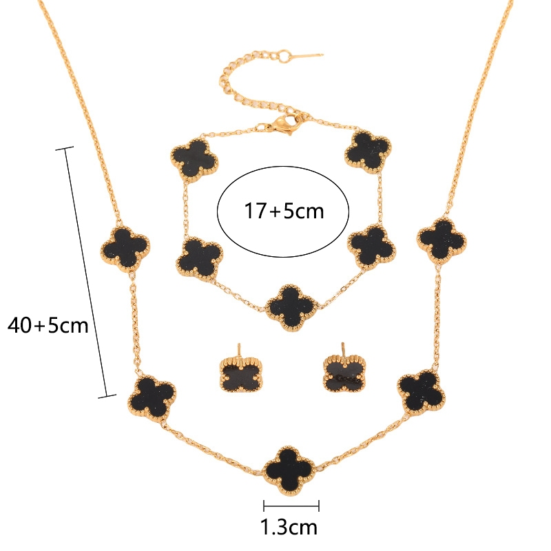 Conjunto de 3 peças Trevo de Quatro Folhas da Sorte em aço inoxidável banhado a ouro 18K