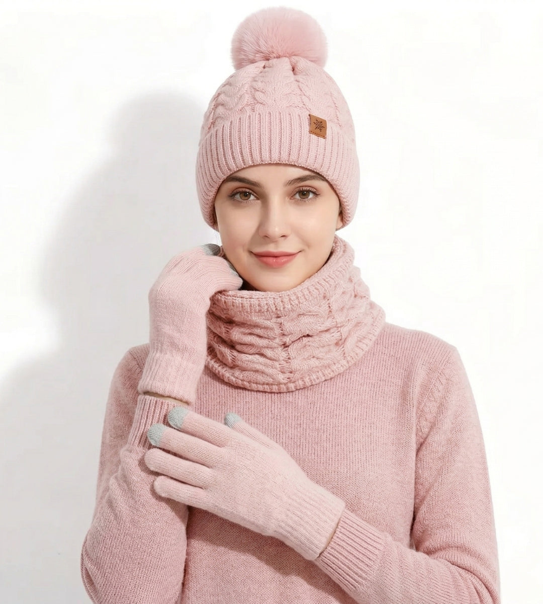 conjunto térmico feminino pink delicado com gorro cachecol e luvas
