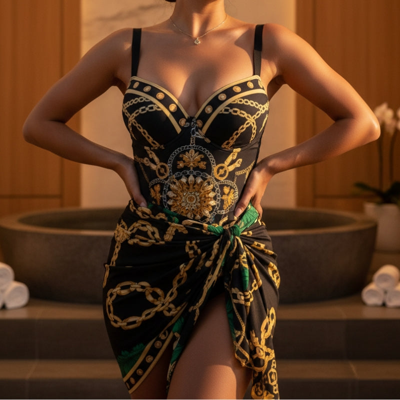 Detalhe frontal do maiô feminino estampado com acabamento sofisticado e amarração da saída de praia.