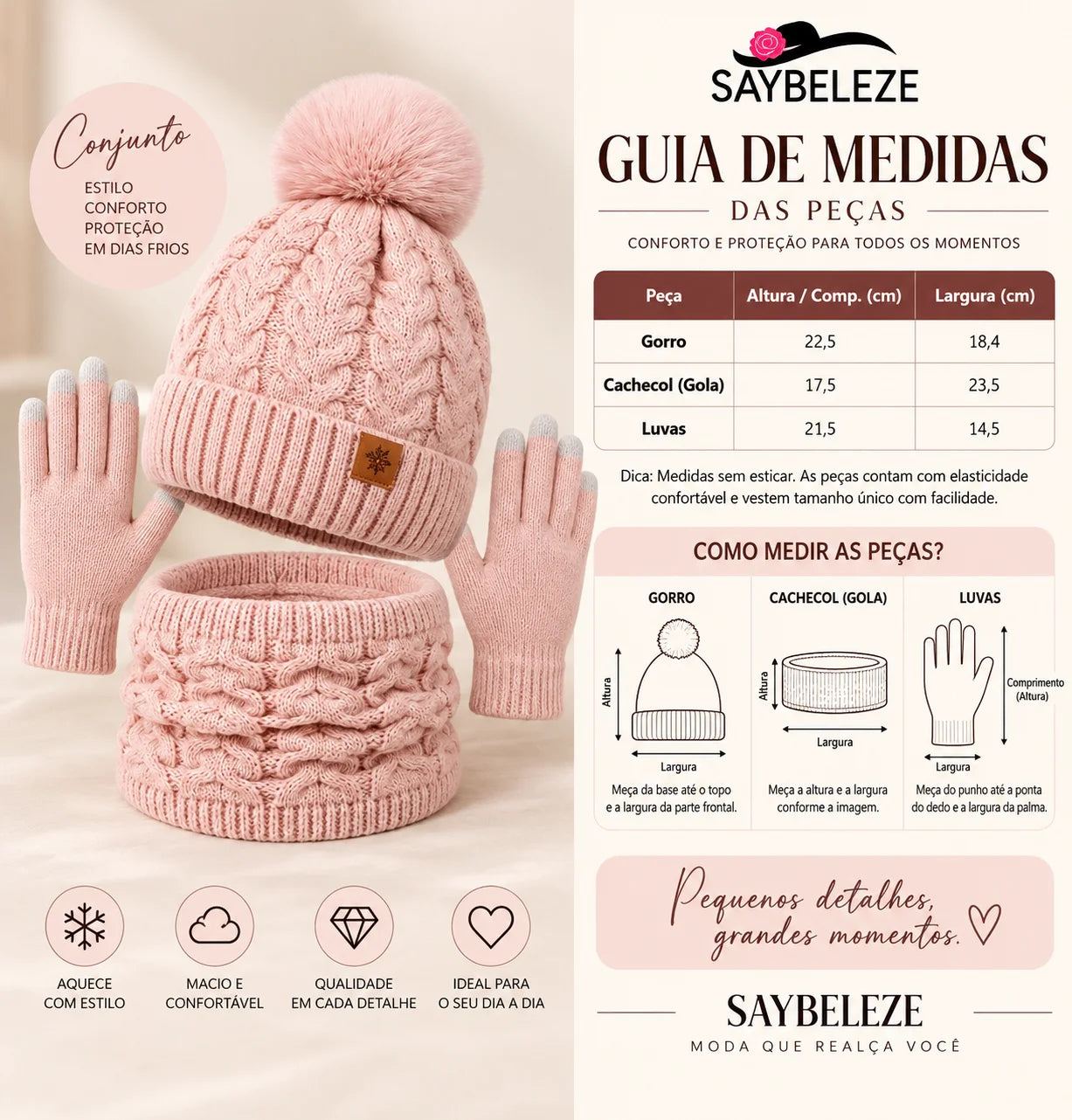 Tabela de medidas em cm do gorro gola cachecol e luvas térmicas femininas