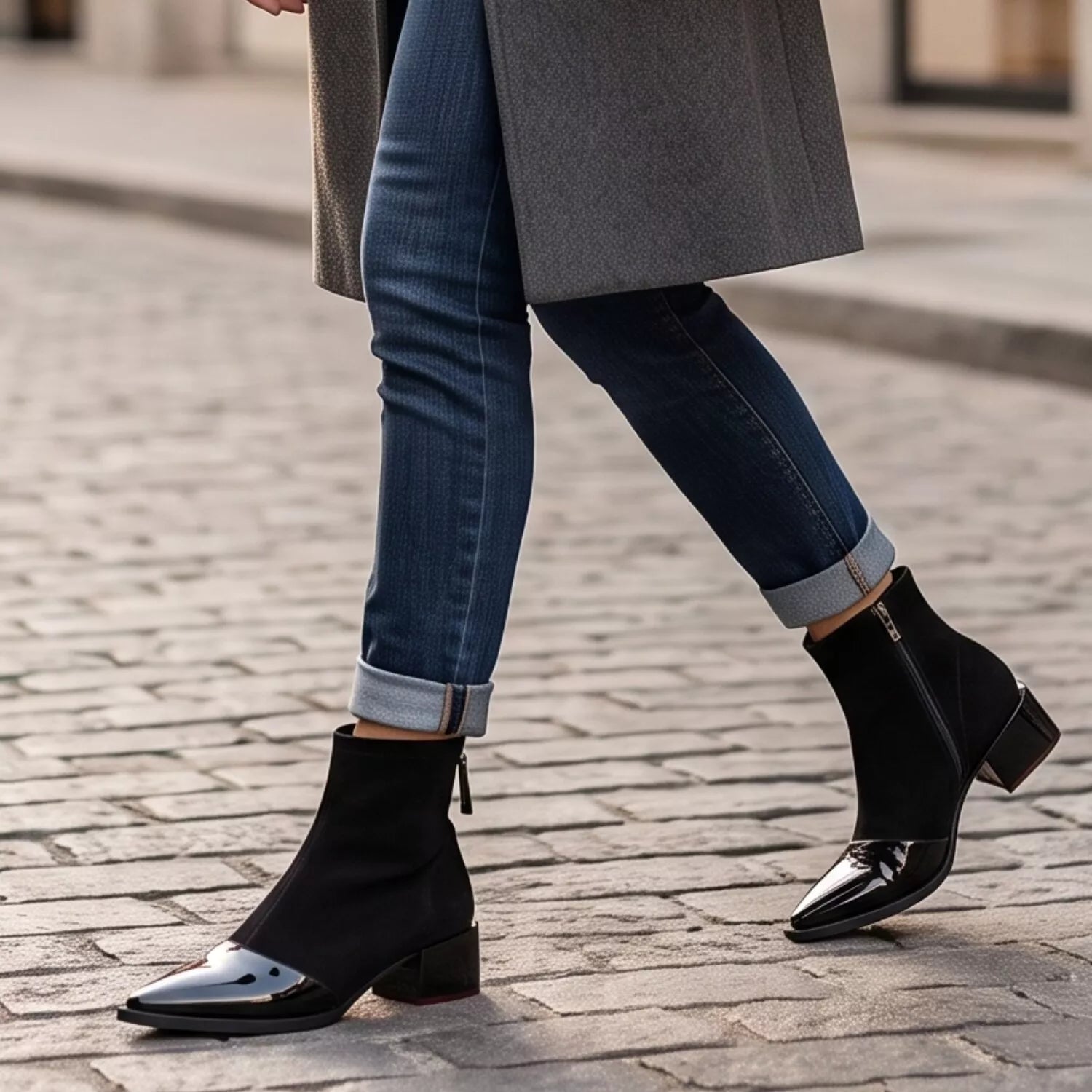 modelo andando nas ruas com par de botas femininas preto estilo europeu com acabamento suede e bico fino envernizado e ziper