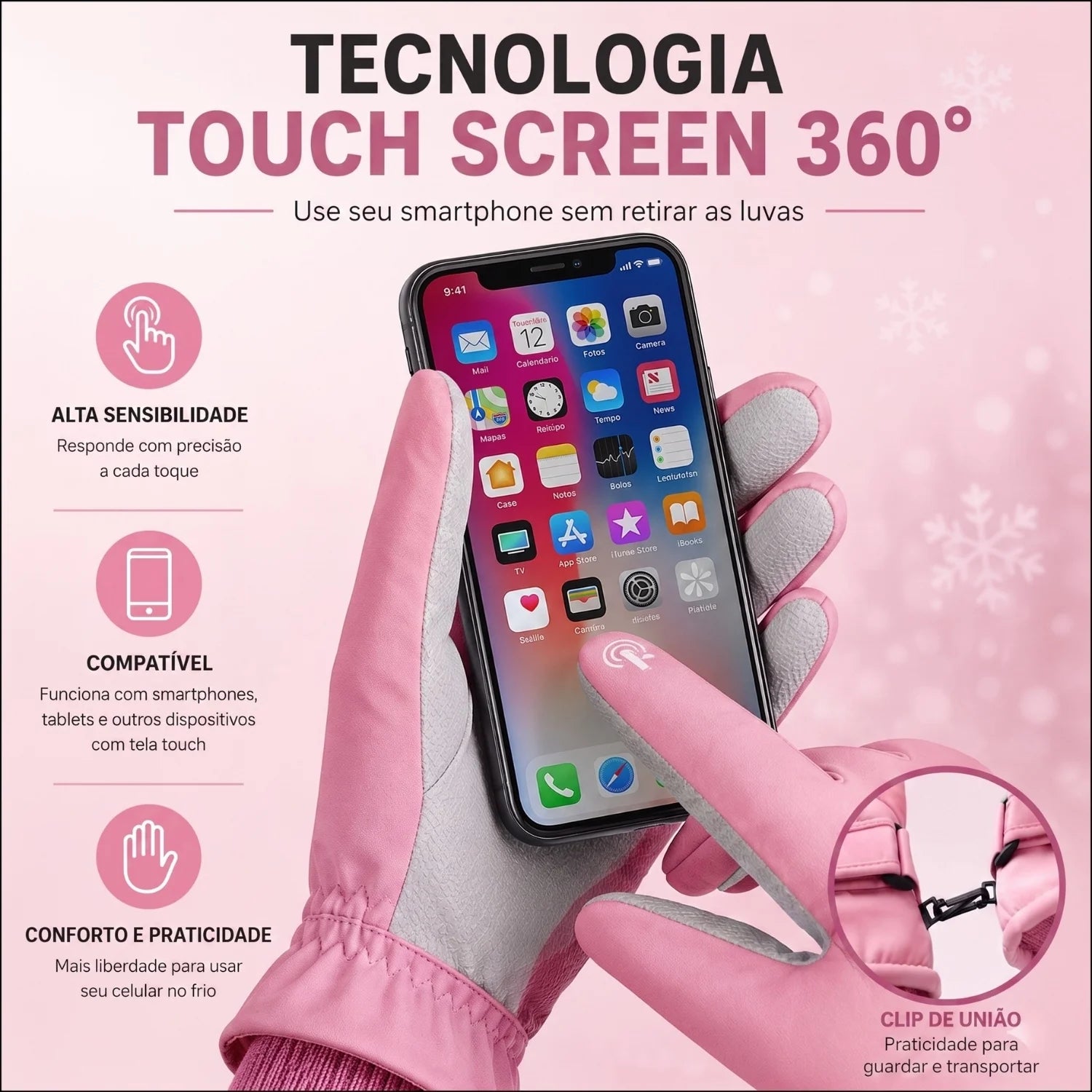 Mulher usando luva de esqui feminina rosa com touch screen