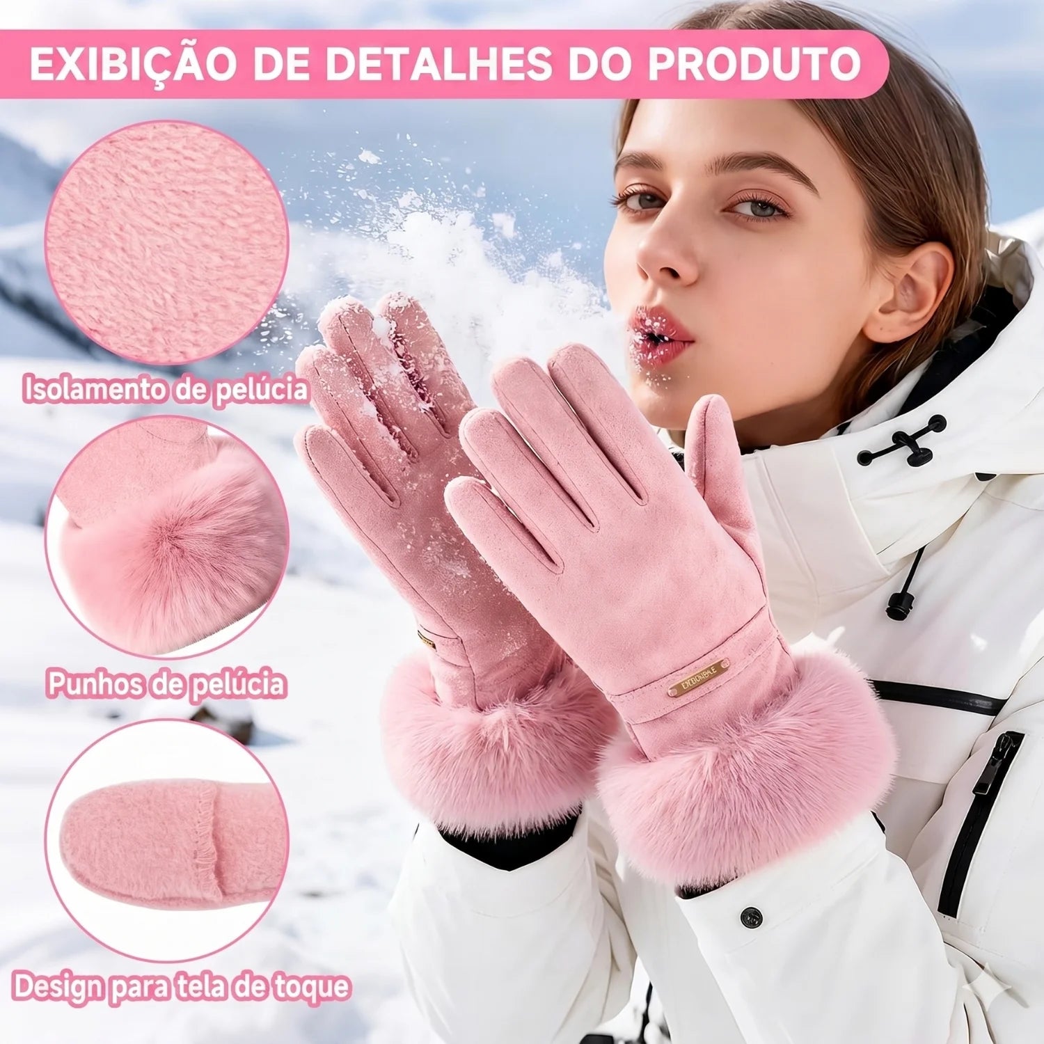 luva feminina rosé ajustada nas mãos destacando conforto elasticidade e caimento perfeito