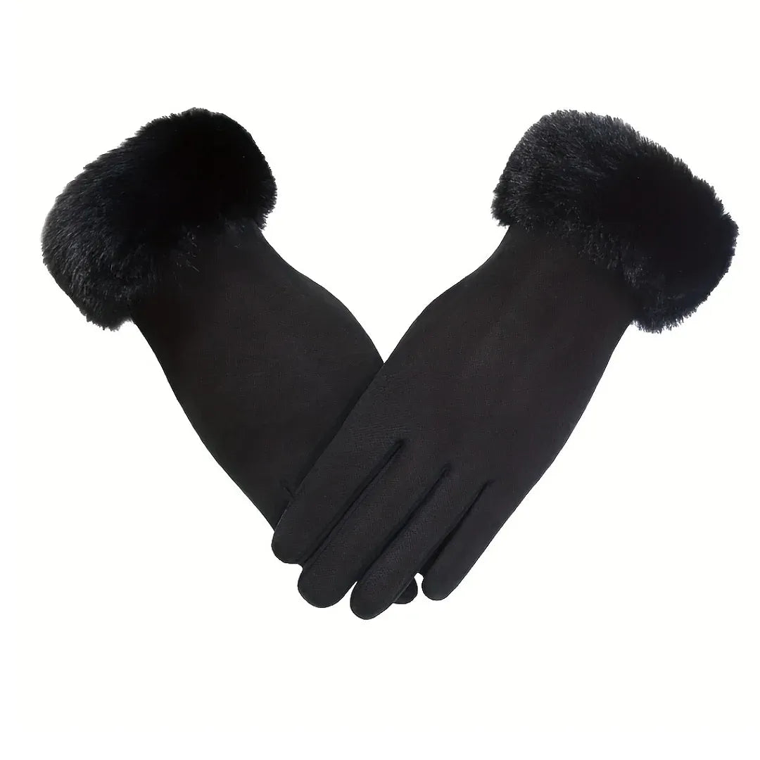 Par de luvas femininas térmicas preta com punho em pelúcia Noir Frost em fundo branco para catálogo