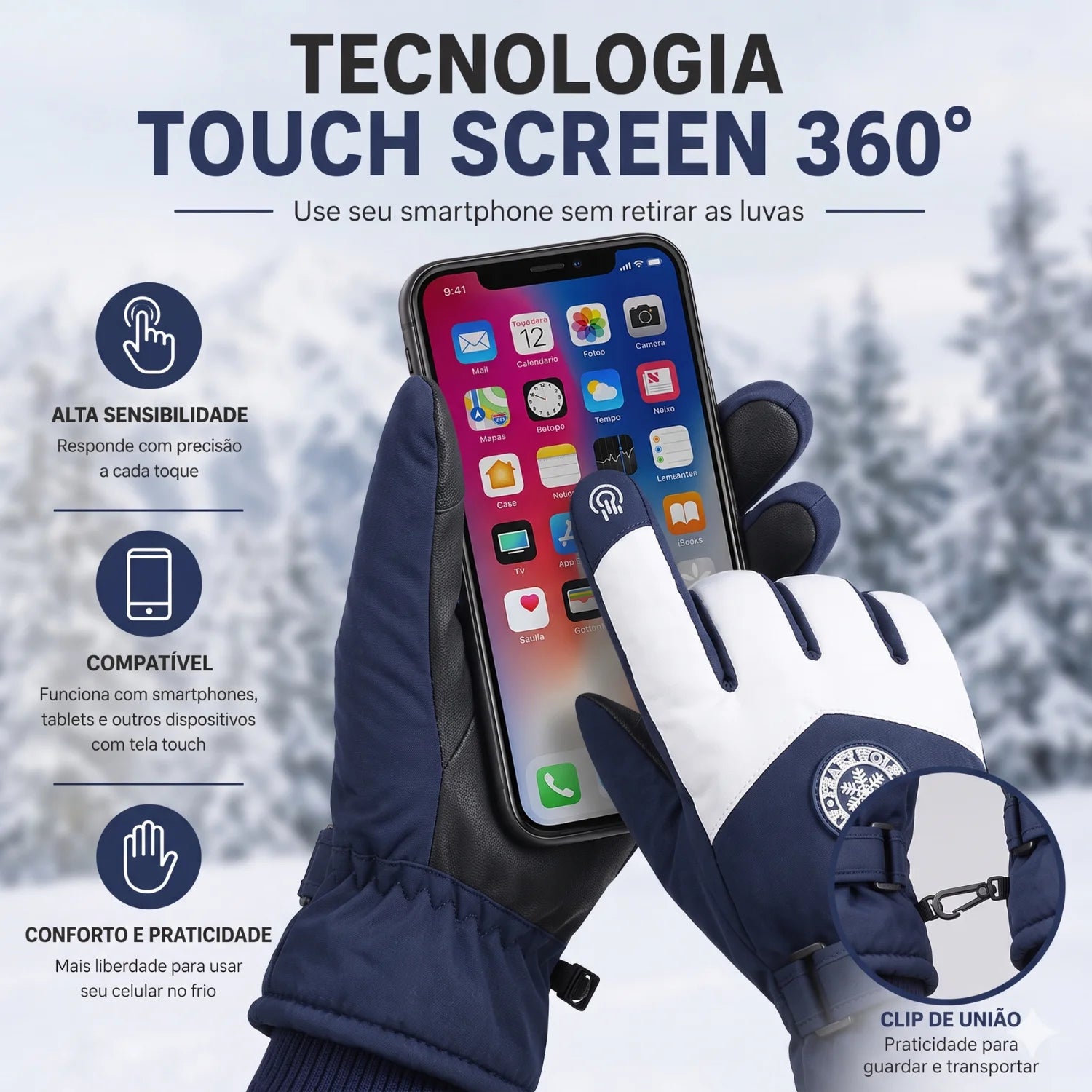 Luva de frio feminina compatível com celular tela touch screen azul marinho