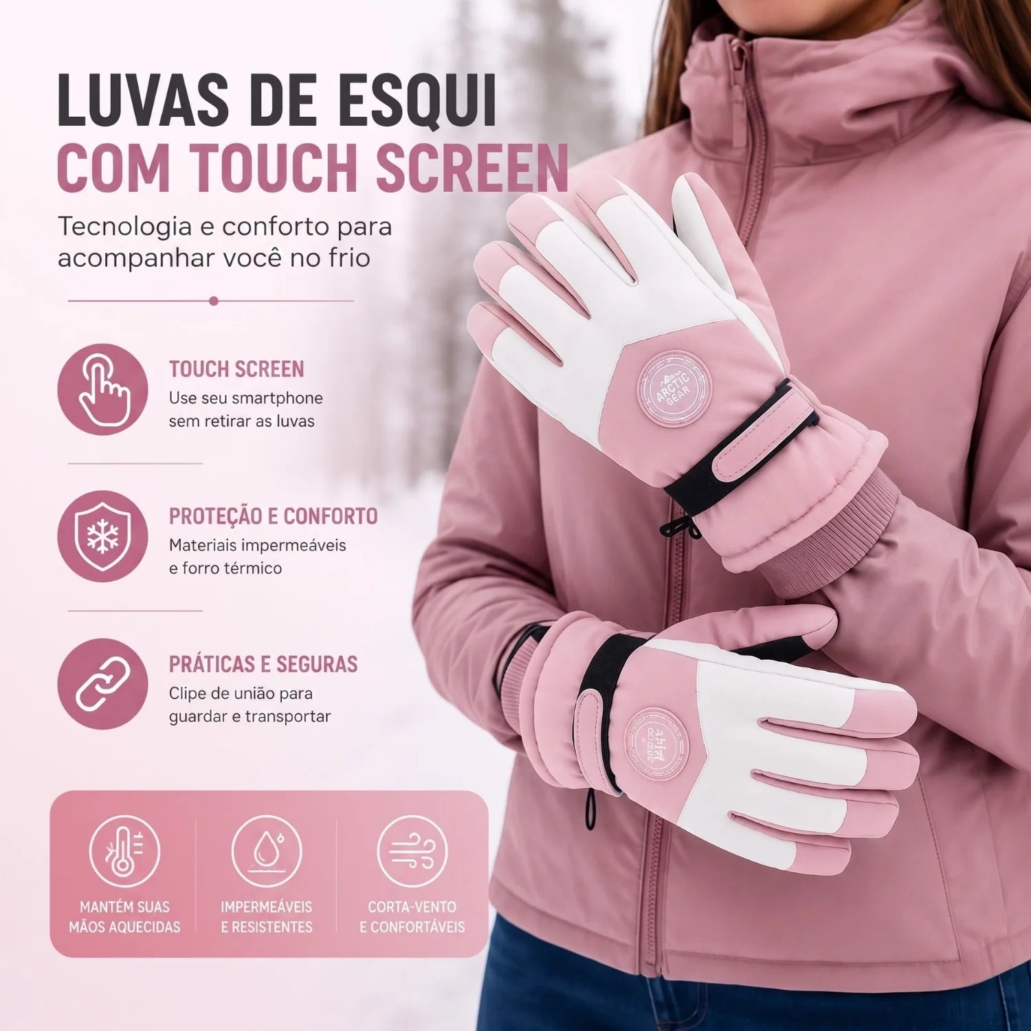 Luva térmica feminina rosa com forro macio e proteção corta-vento