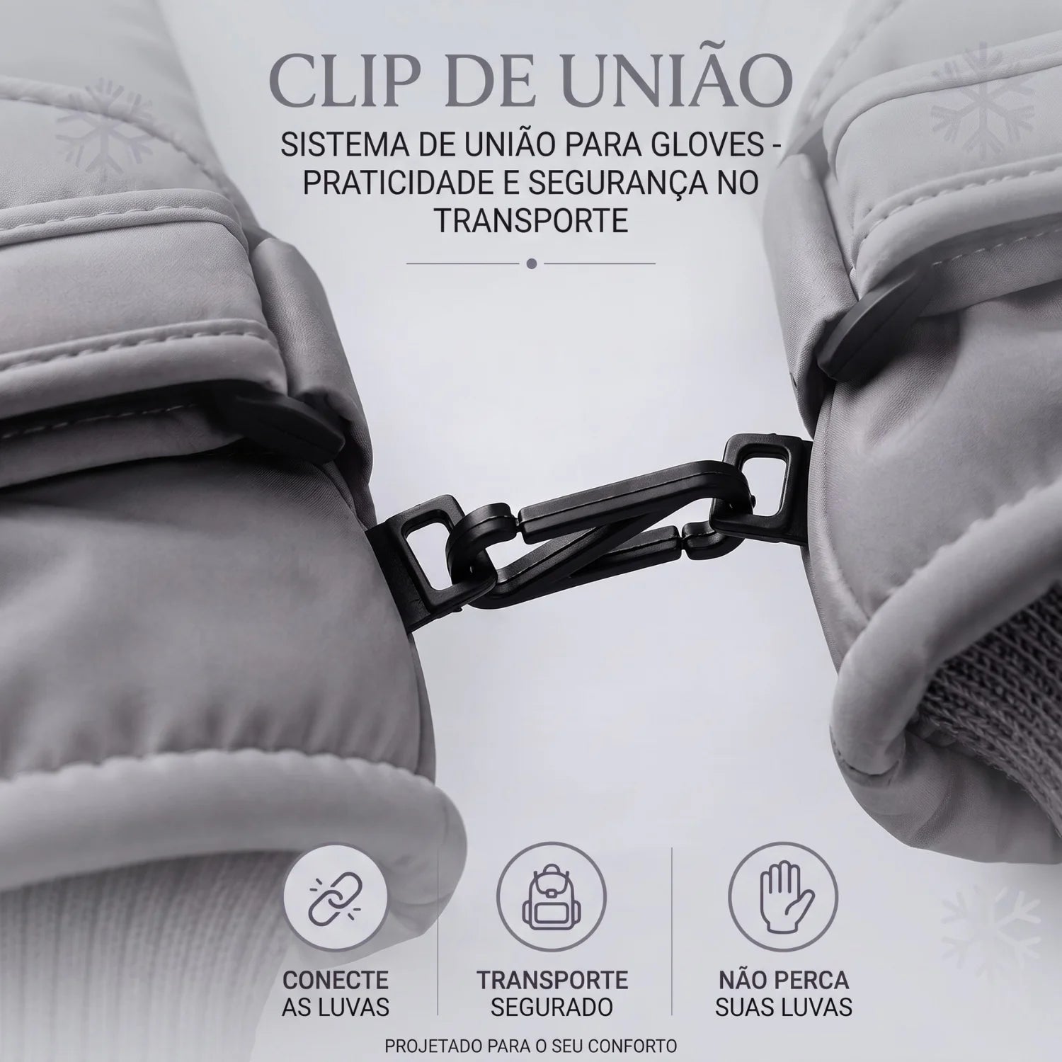 Detalhe do clip de união para transporte seguro das luvas.