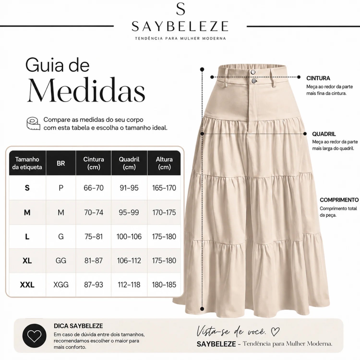 Saia Evasê Feminina Midi Bege Cintura Alta