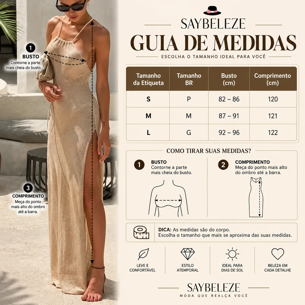 detalhes tabela de medidas Vestido longo feminino em tricô bege costas nuas Milos Glam em fundo branco