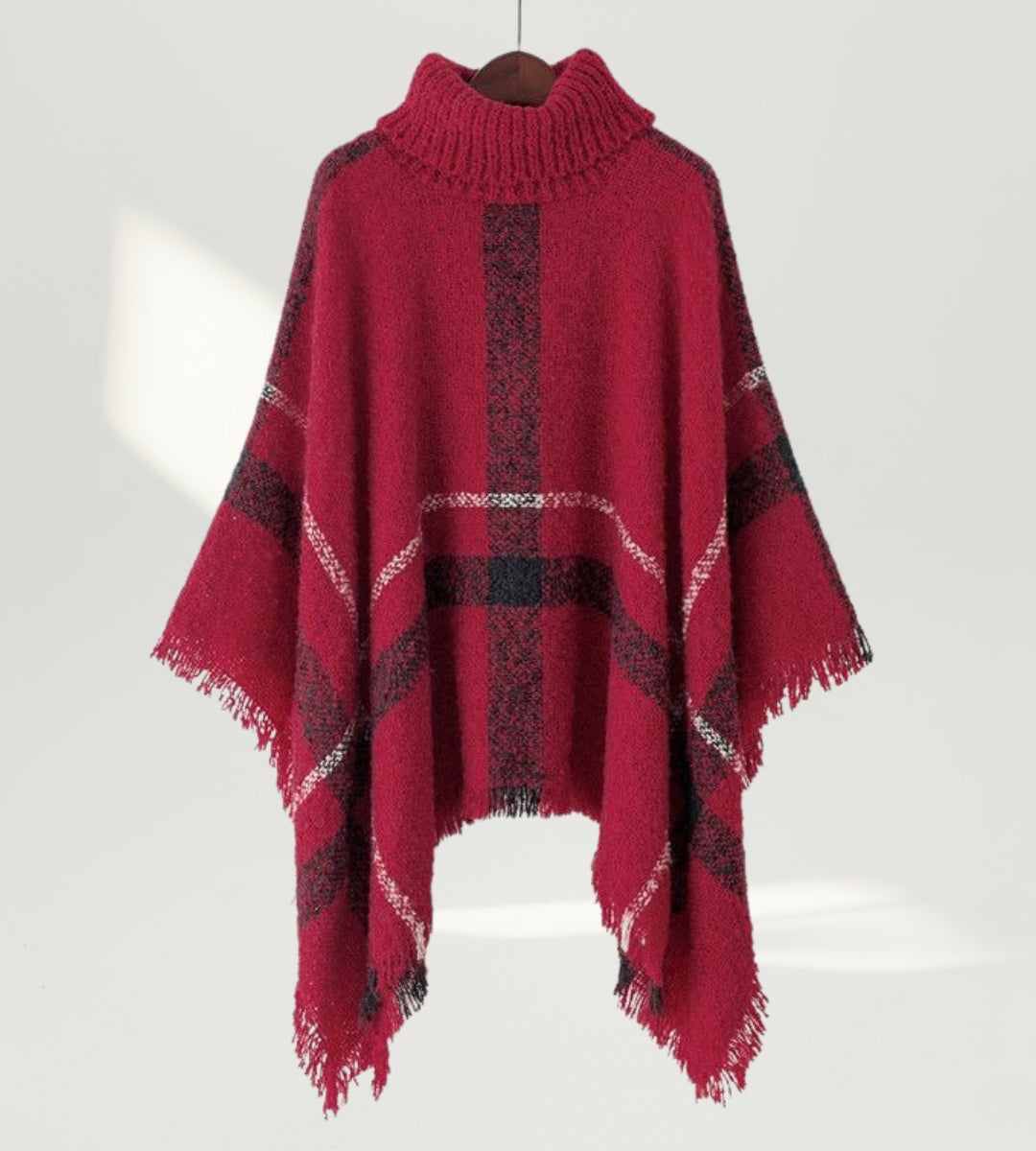 poncho feminino vermelho borgonha com design elegante e acabamento em franjas