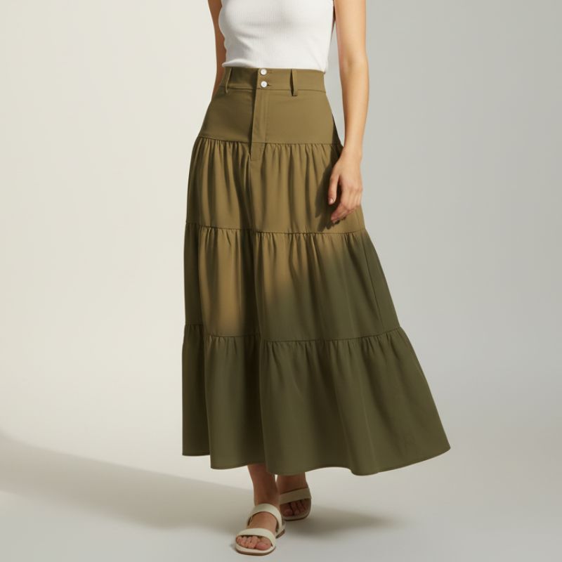 Saia feminina midi verde militar com babados em camadas e botoes frontais isolada em fundo branco