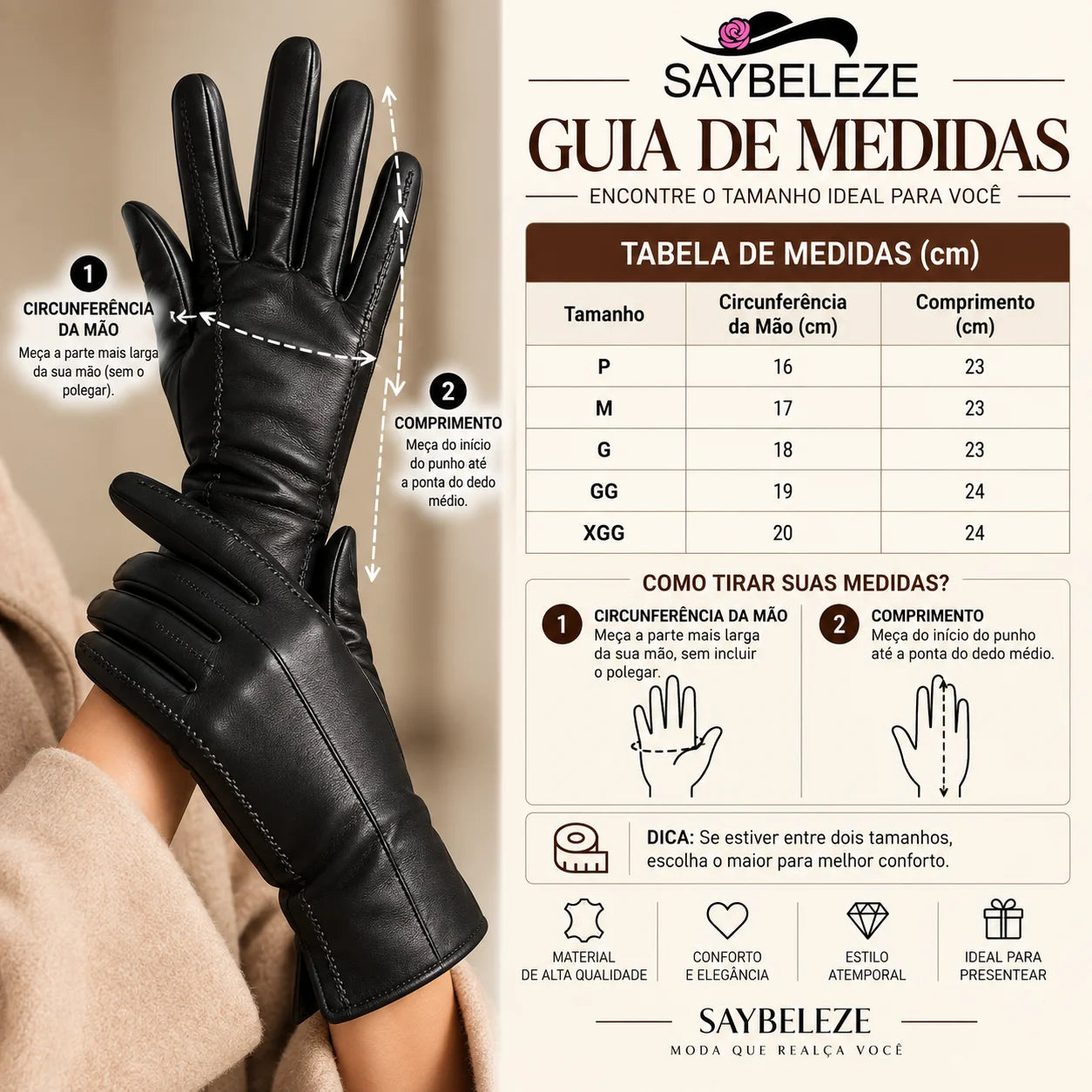 Tabela de medidas com circunferência da mão e comprimento em cm da luva feminina de couro preta