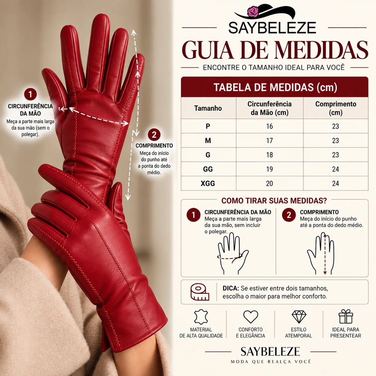 Tabela de medidas com circunferência da mão e comprimento em cm da luva feminina de couro vermelha