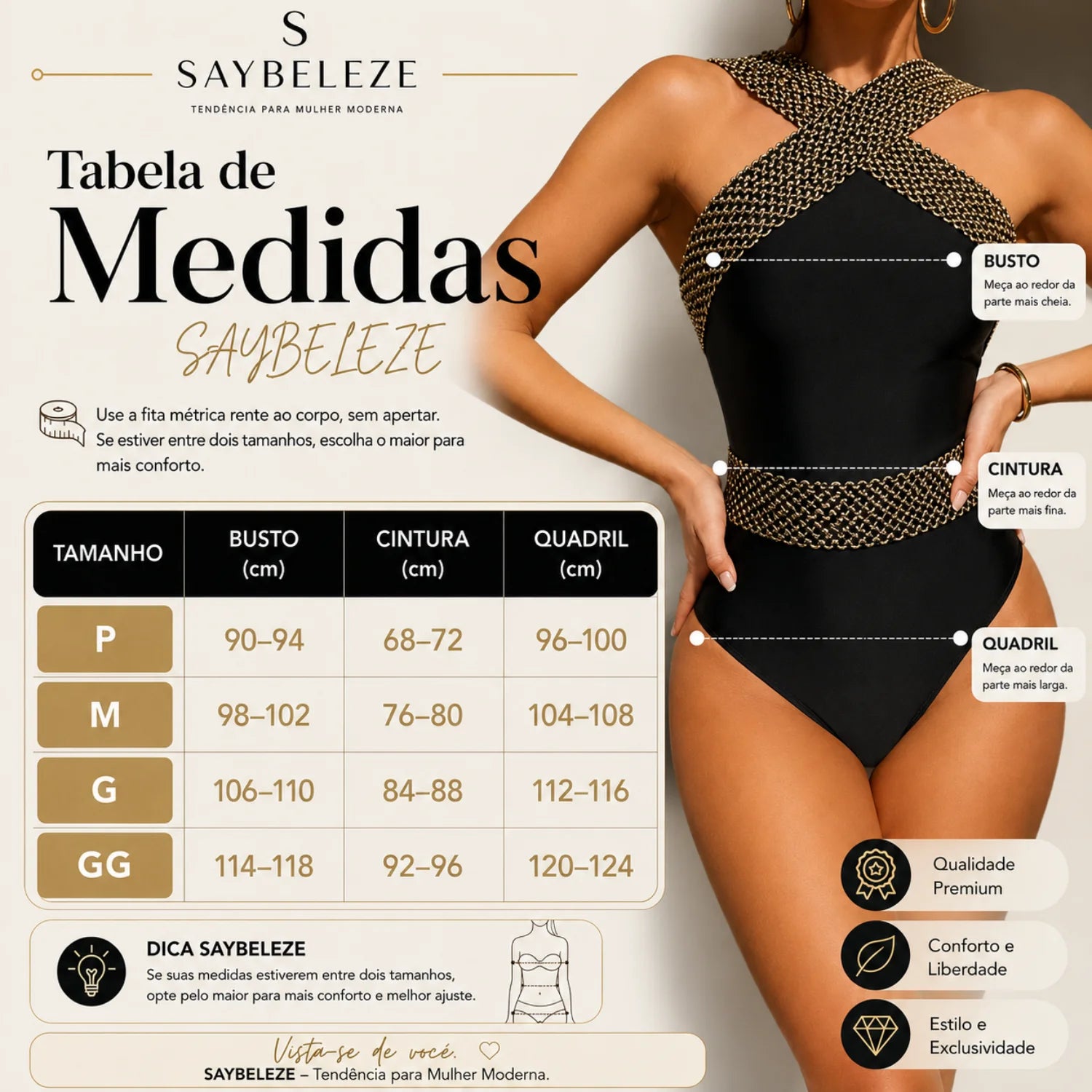 Tabela de medidas e guia de tamanhos do maiô feminino preto frente única modelador