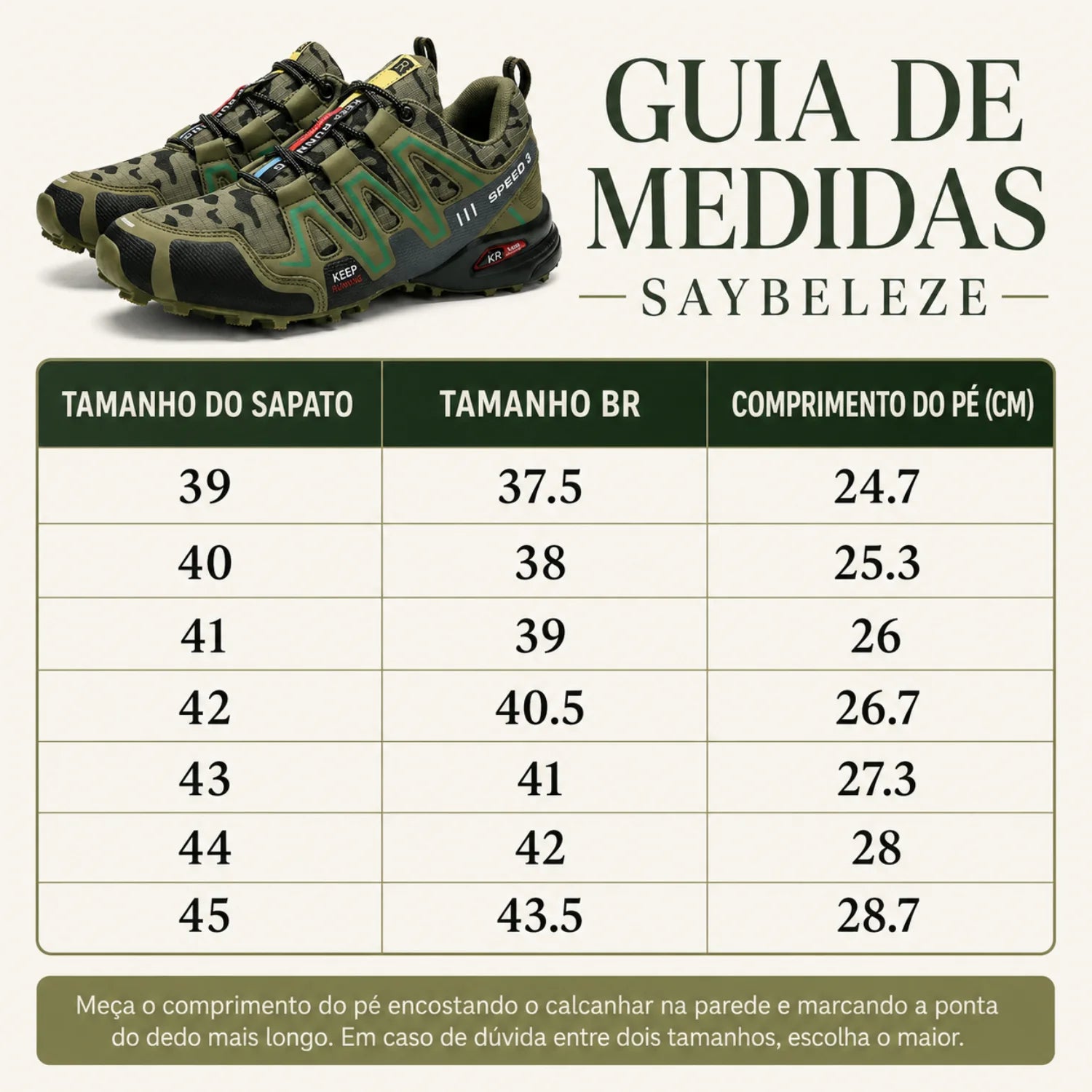 imagem da tabela de medidas tenis Adventure Unissex Esportivo
