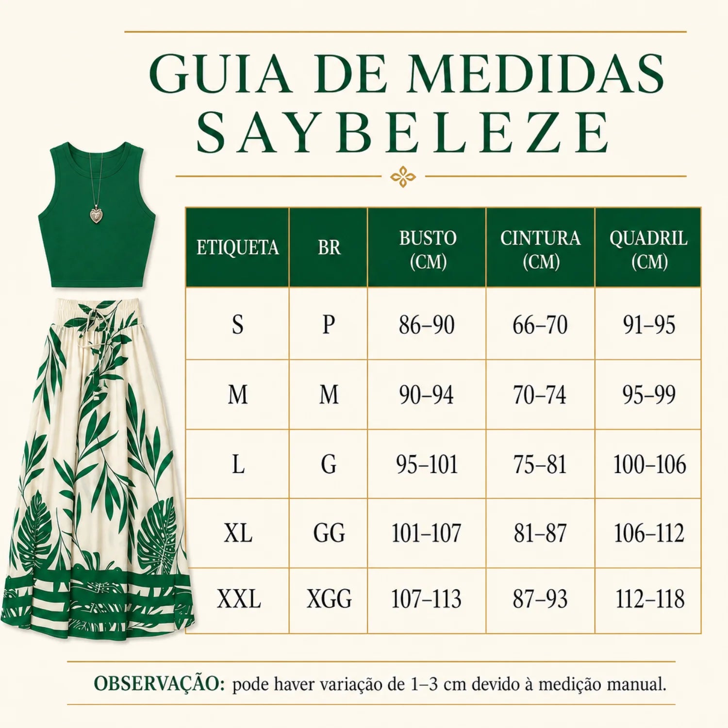 Conjunto Feminino Cropped Verde e Saia Longa Estampada Tropical
