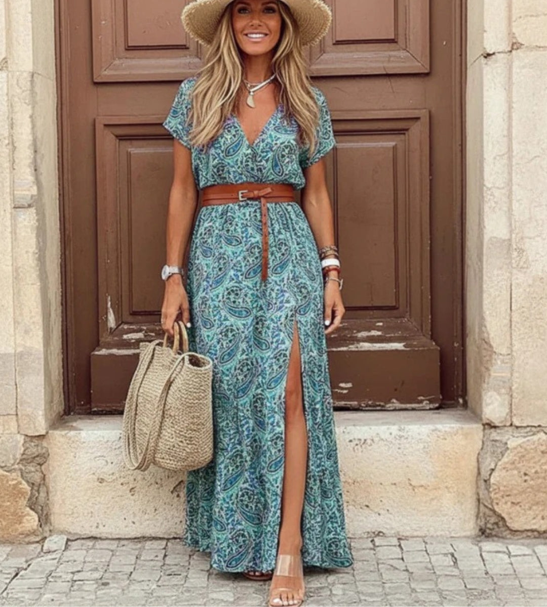 Modelo posando com o vestido longo azul de estampa paisley em cenário iluminado de verão.