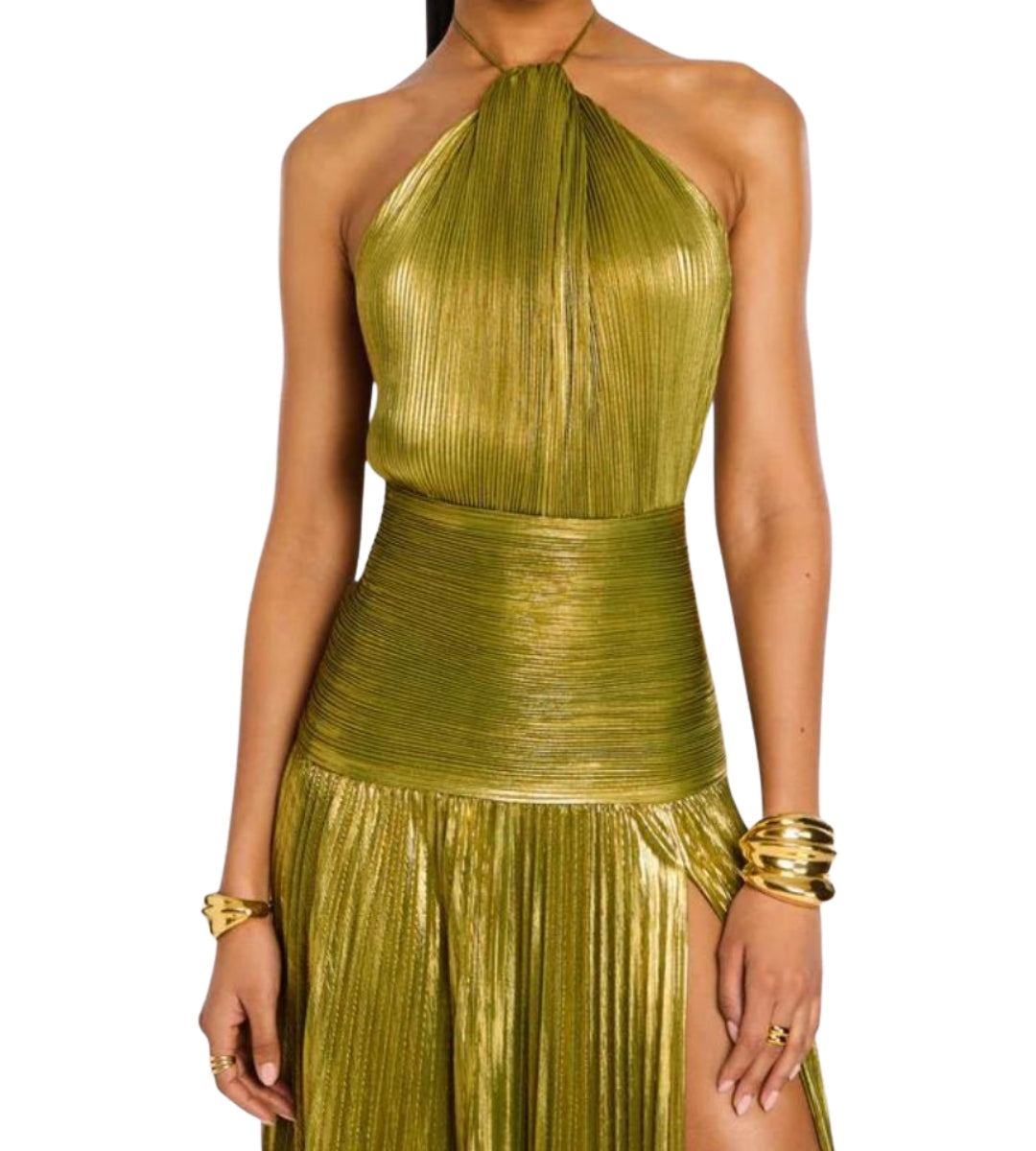 vestido dourado feminino com fenda sensual em detalhes