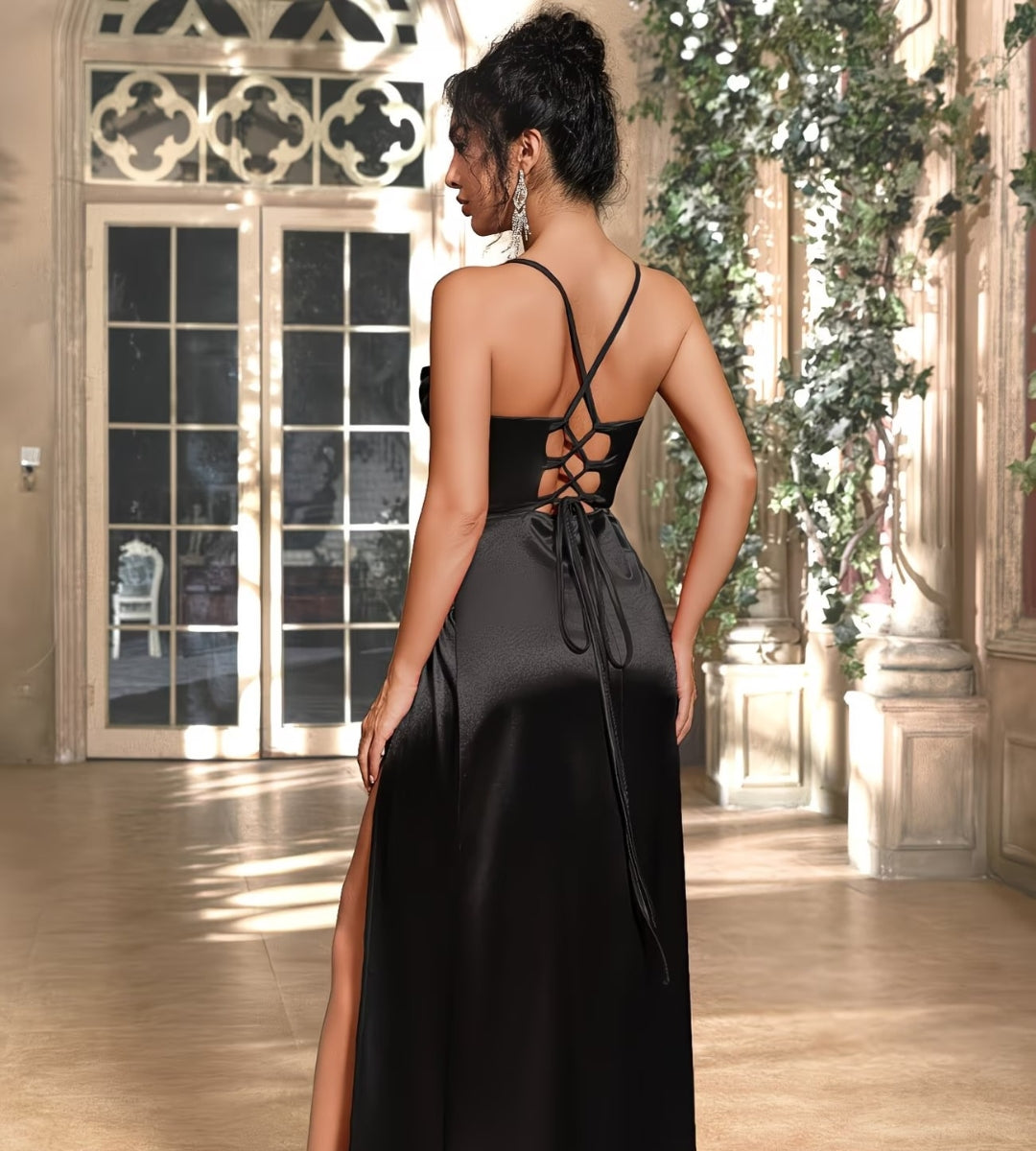 Vestido Feminino Longo de Cetim Elástico com Fenda - Saybeleze