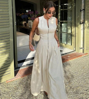 Vestido Longo Alfaiataria Premium Gola Alta com Zíper Frontal