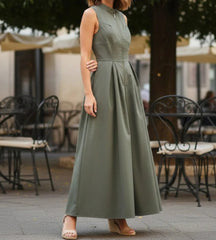 Vestido Longo Alfaiataria Premium Gola Alta com Zíper Frontal