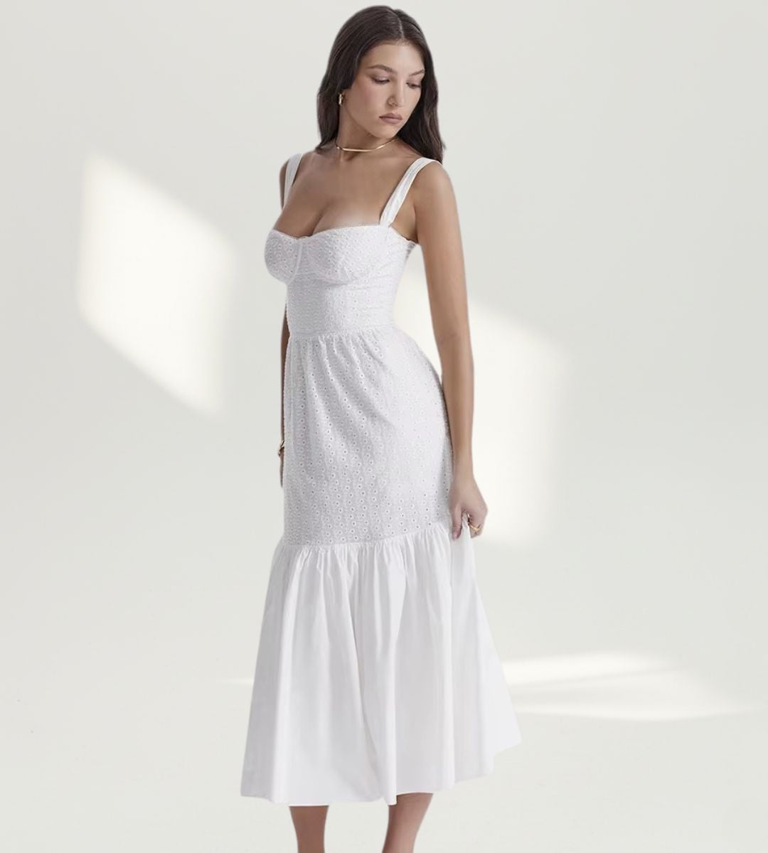 Vestido Feminino Midi Renda Alça Larga Branco - Saybeleze