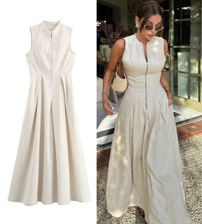Vestido Longo Alfaiataria Premium Gola Alta com Zíper Frontal