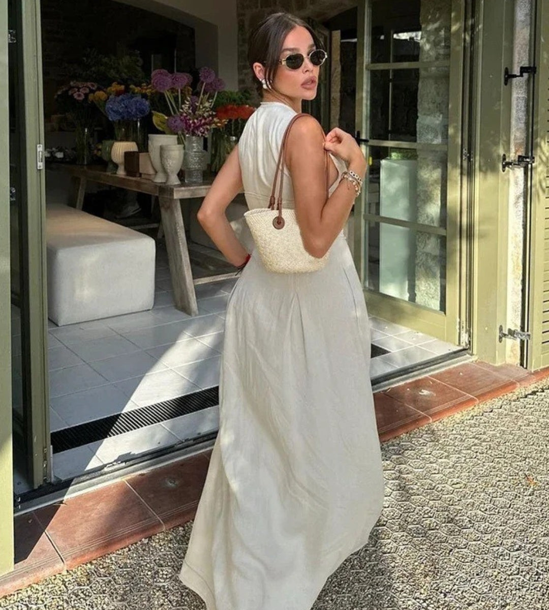 Vestido Longo Alfaiataria Premium Gola Alta com Zíper Frontal