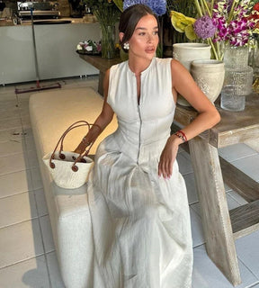 Vestido Longo Alfaiataria Premium Gola Alta com Zíper Frontal