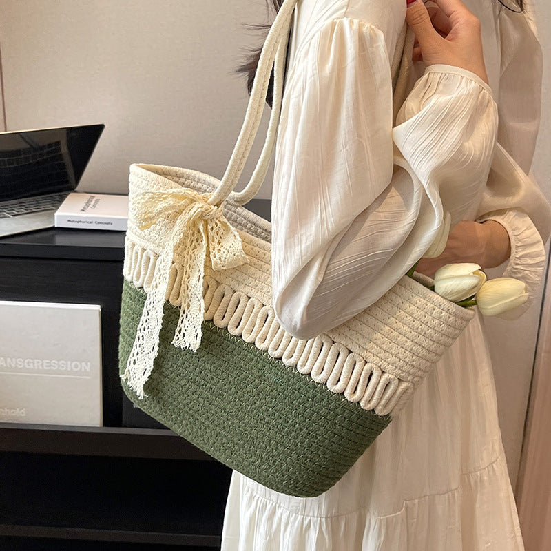 bolsa de praia feminina em corda bicolor verde saybeleze marrom e bege