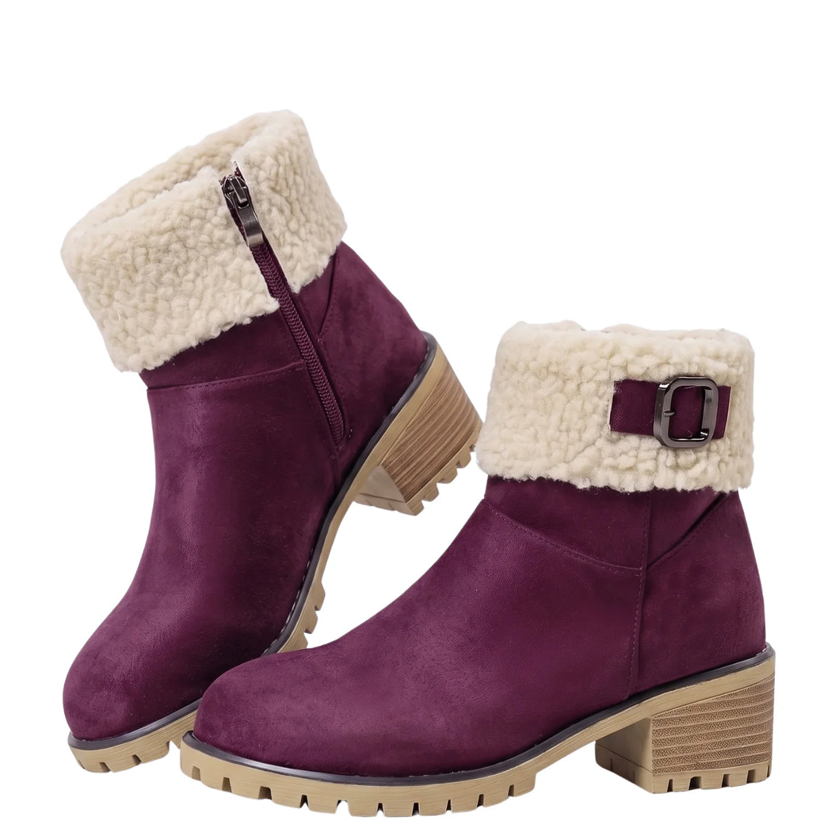 Bota Feminina de Camurça Vinho com Gola de Pelúcia e Fivela - Cano Curto Salto Grosso google shopping
